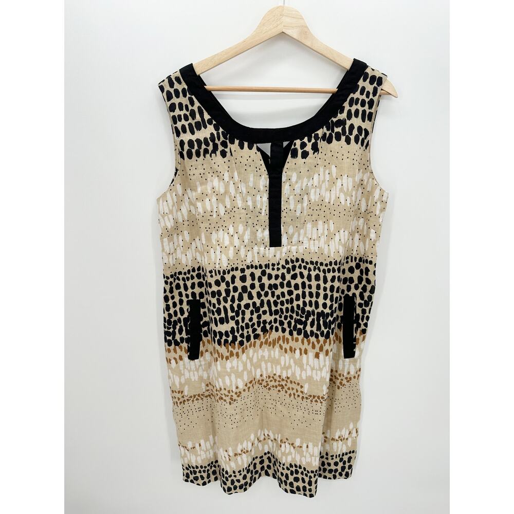Pomodoro Womens 12 Tan Black Polka Dot Cotton Linen‎ Sleeveless Shift Dress